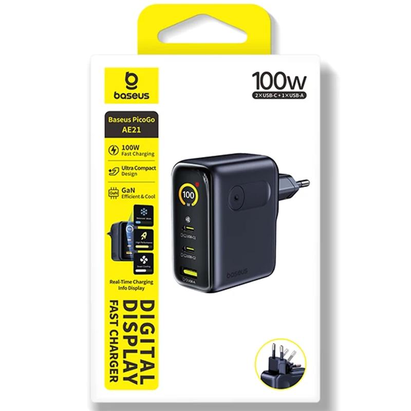 Мережевий зарядний пристрій Baseus PicoGo AE21 Fast Charger 100W (1×USB-A / 2×USB-C) + кабель USB-C → USB-C (E0121B) Cosmic Black