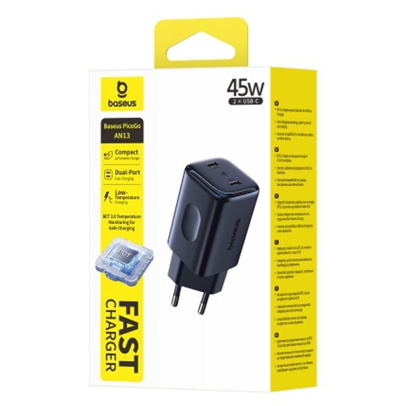 Мережевий зарядний пристрій Baseus PicoGo AN13 Fast Charger 45W (2×USB-C) (E0121F) Cosmic Black