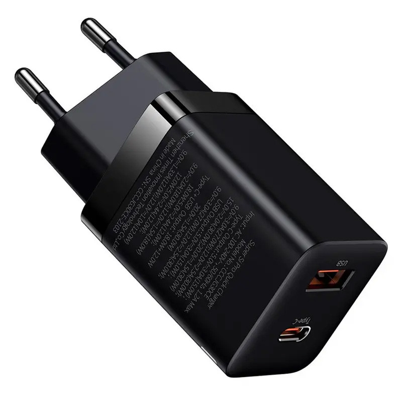 Мережевий зарядний пристрій Baseus Super Si Pro Quick Charger PD 30W + QC 3.0 (1×USB-A / 1×USB-C) (CCSUPP-E) Black