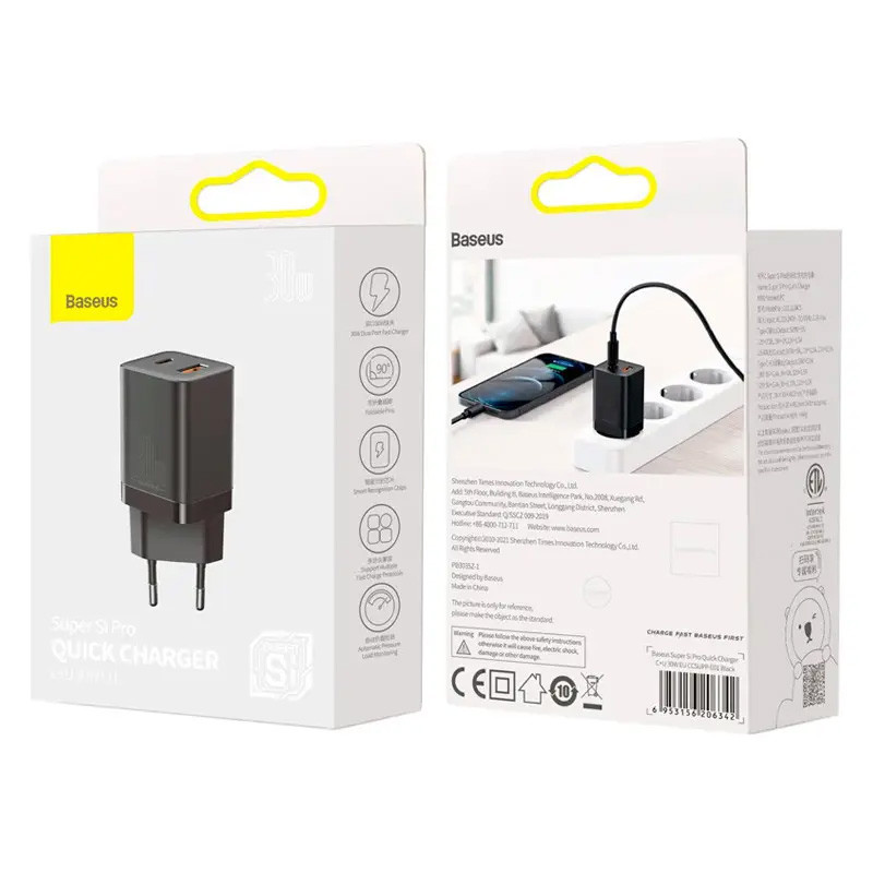 Мережевий зарядний пристрій Baseus Super Si Pro Quick Charger PD 30W + QC 3.0 (1×USB-A / 1×USB-C) (CCSUPP-E) Black
