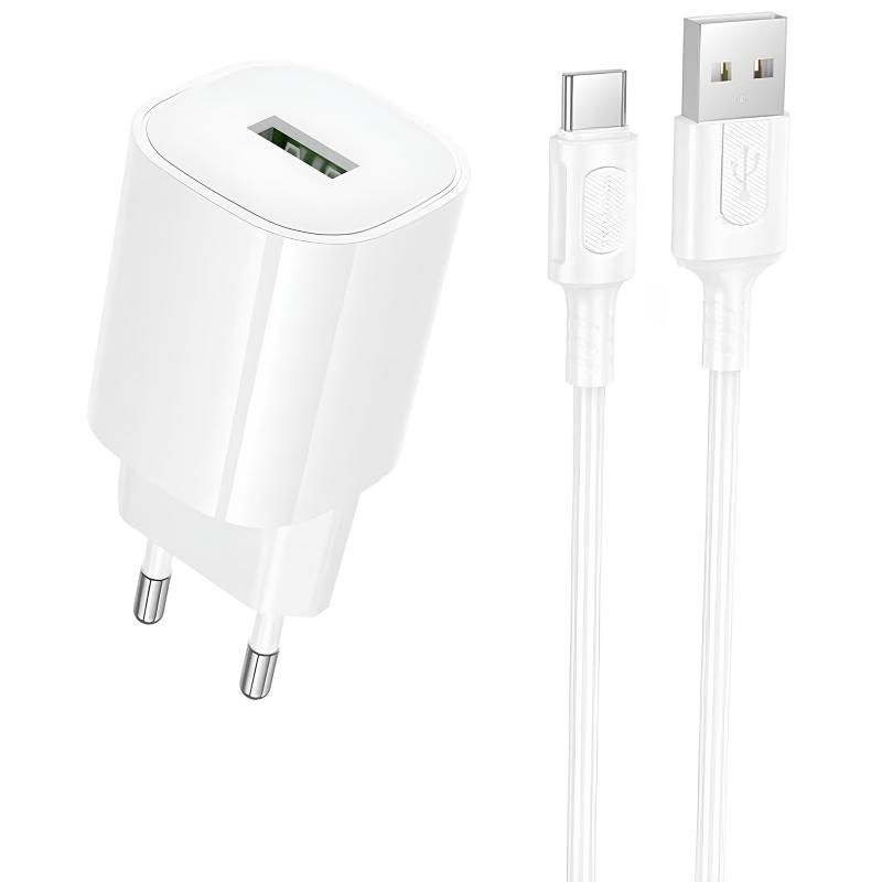 Мережевий зарядний пристрій Borofone BA102A Pudding QC 3.0 (1×USB-A) + кабель USB to USB-C White