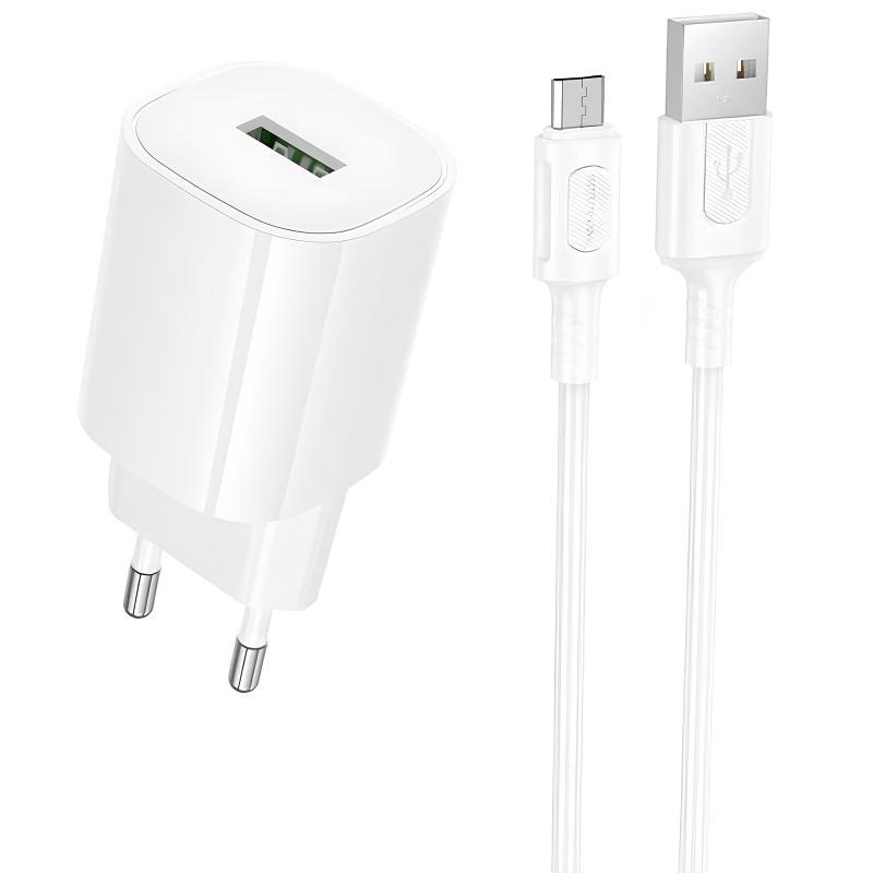 Мережевий зарядний пристрій Borofone BA102A Pudding QC 3.0 (1×USB-A) + кабель USB to Micro-USB White