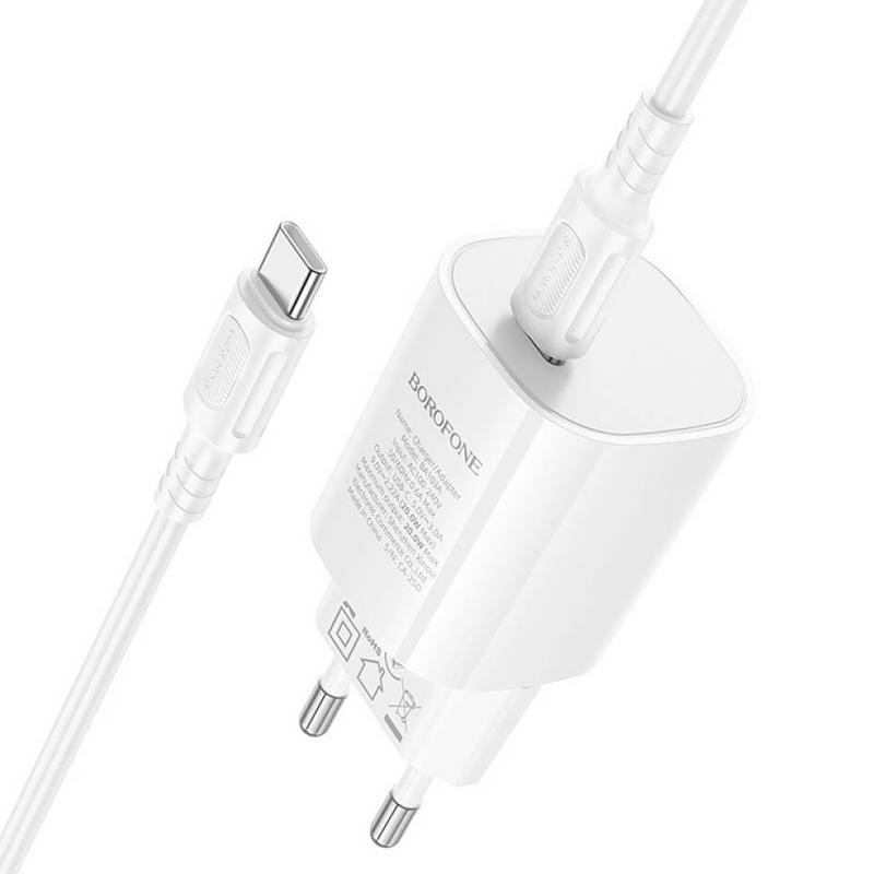 Мережевий зарядний пристрій Borofone BA103A Pudding PD 20W (1×USB-C) + кабель USB-C → USB-C White