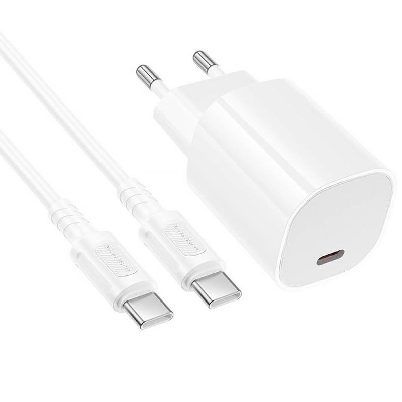 Мережевий зарядний пристрій Borofone BA103A Pudding PD 20W (1×USB-C) + кабель USB-C → USB-C White