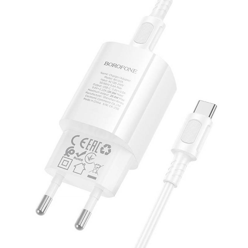 Мережевий зарядний пристрій Borofone BA103A Pudding PD 20W (1×USB-C) + кабель USB-C → USB-C White
