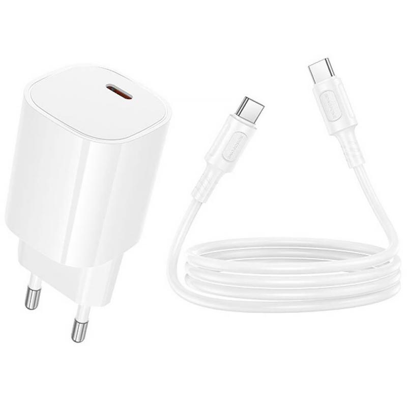 Мережевий зарядний пристрій Borofone BA103A Pudding PD 20W (1×USB-C) + кабель USB-C → USB-C White