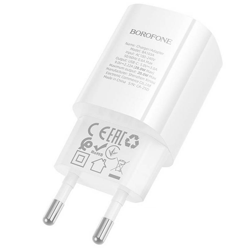 Мережевий зарядний пристрій Borofone BA103A Pudding PD 20W (1×USB-C) White