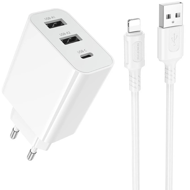 Мережевий зарядний пристрій Borofone BA105A Stellar 15W (2×USB-A / 1×USB-C) + кабель USB to Lightning White