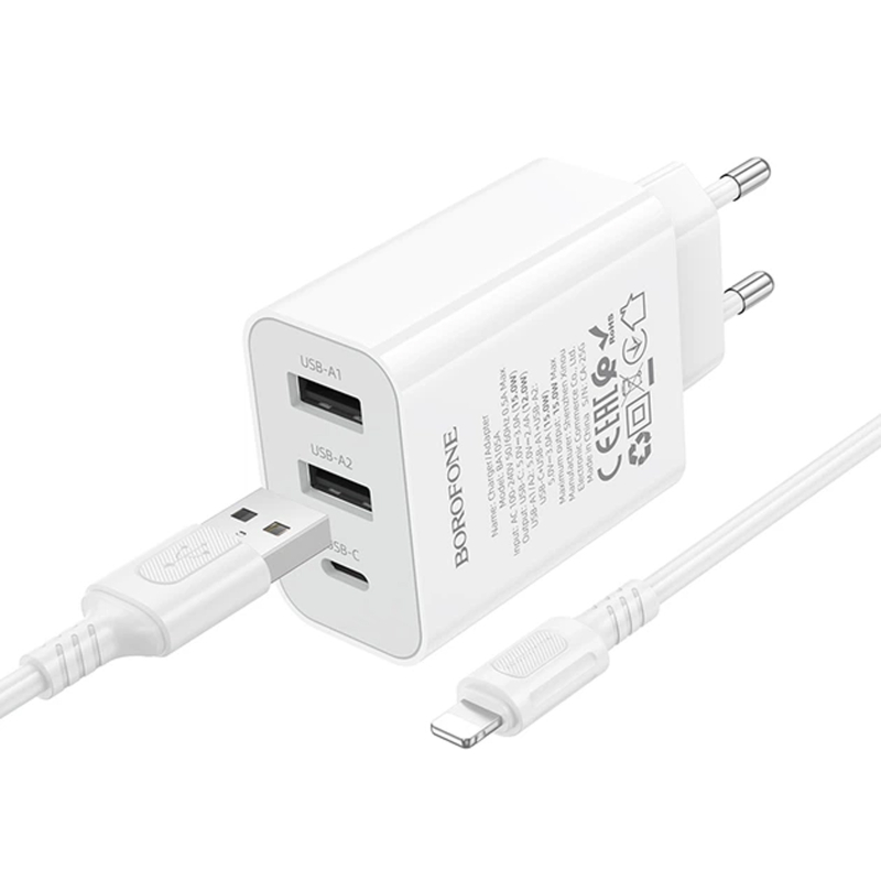 Мережевий зарядний пристрій Borofone BA105A Stellar 15W (2×USB-A / 1×USB-C) + кабель USB to Lightning White