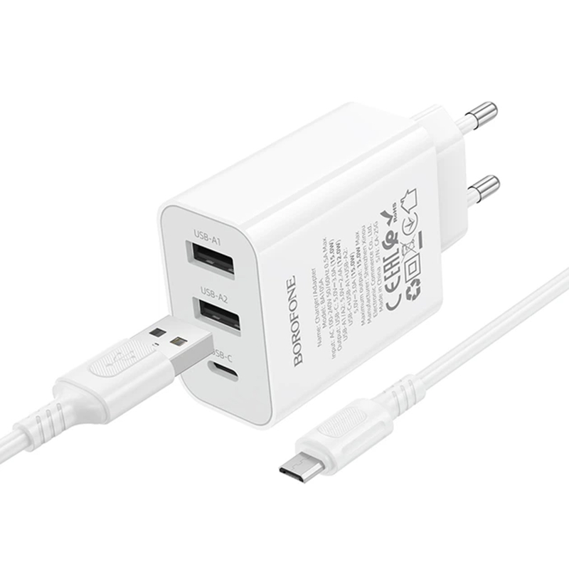 Мережевий зарядний пристрій Borofone BA105A Stellar 15W (2×USB-A / 1×USB-C) + кабель USB to Micro-USB White