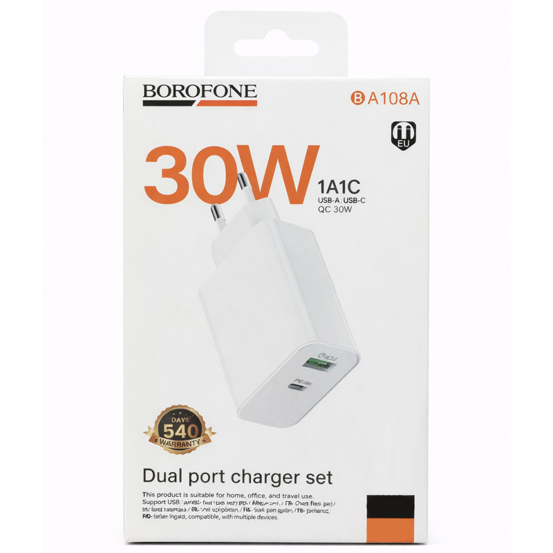 Мережевий зарядний пристрій Borofone BA108A Stellar PD 30W + QC 3.0 (1×USB-A / 1×USB-C) White