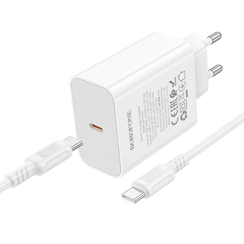 Мережевий зарядний пристрій Borofone BA109A Star PD 40W (1×USB-C) + кабель USB-C → USB-C White
