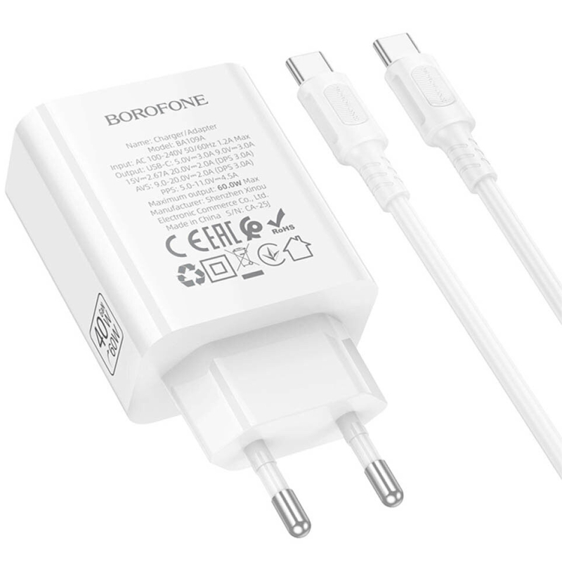 Мережевий зарядний пристрій Borofone BA109A Star PD 40W (1×USB-C) + кабель USB-C → USB-C White