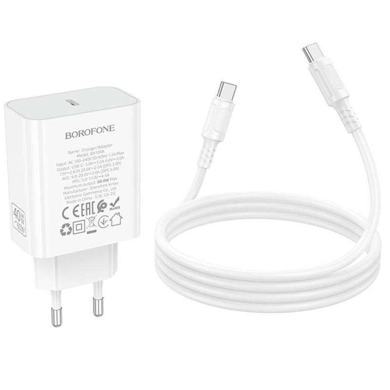 Мережевий зарядний пристрій Borofone BA109A Star PD 40W (1×USB-C) + кабель USB-C → USB-C White