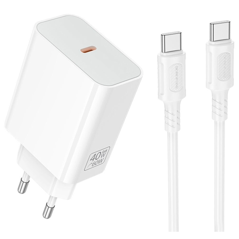 Мережевий зарядний пристрій Borofone BA109A Star PD 40W (1×USB-C) + кабель USB-C → USB-C White
