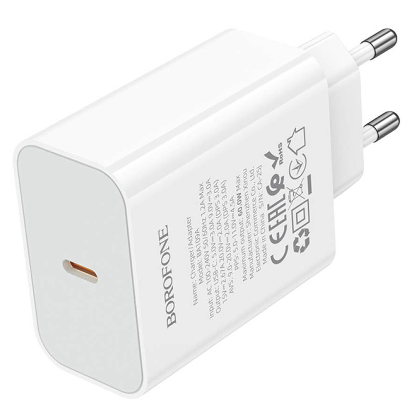 Мережевий зарядний пристрій Borofone BA109A Star PD 40W (1×USB-C) White