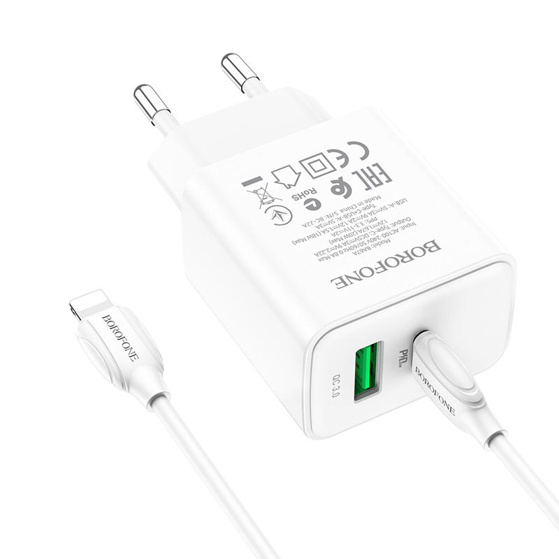 Мережевий зарядний пристрій Borofone BA67A PD 20W + QC 3.0 (1×USB-A / 1×USB-C) + кабель USB-C → Lightning Білий