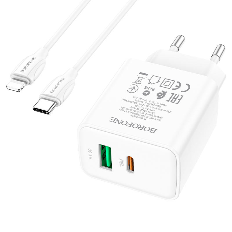 Мережевий зарядний пристрій Borofone BA67A PD 20W + QC 3.0 (1×USB-A / 1×USB-C) + кабель USB-C → Lightning Білий