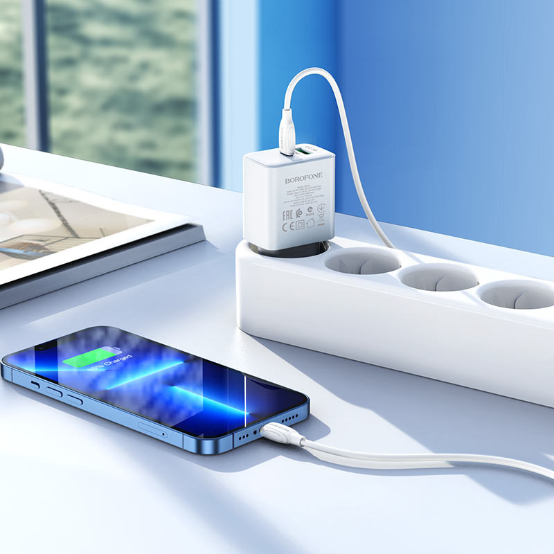 Мережевий зарядний пристрій Borofone BA67A PD 20W + QC 3.0 (1×USB-A / 1×USB-C) + кабель USB-C → Lightning Білий