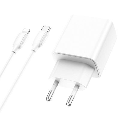 Мережевий зарядний пристрій Borofone BA67A PD 20W + QC 3.0 (1×USB-A / 1×USB-C) + кабель USB-C → Lightning Білий