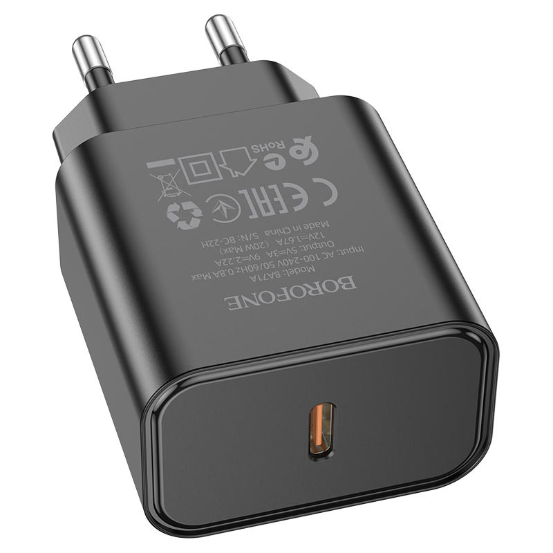 Мережевий зарядний пристрій Borofone BA71A PD 20W (1×USB-C) Чорний
