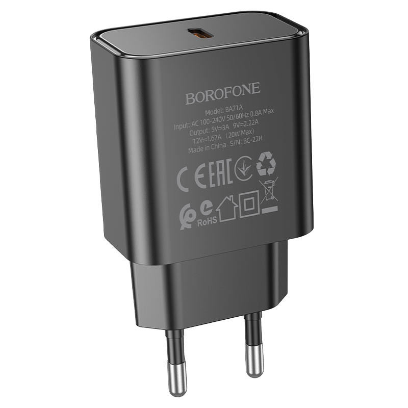 Мережевий зарядний пристрій Borofone BA71A PD 20W (1×USB-C) Чорний