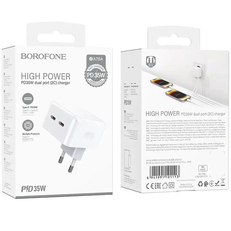 Мережевий зарядний пристрій Borofone BA76A Source PD 35W (2×USB-C) White