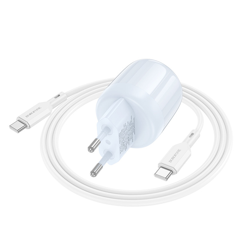Мережевий зарядний пристрій Borofone BA93A Lustrous PD 20W + QC 3.0 (1×USB-A / 1×USB-C) + кабель USB-C → USB-C Blue