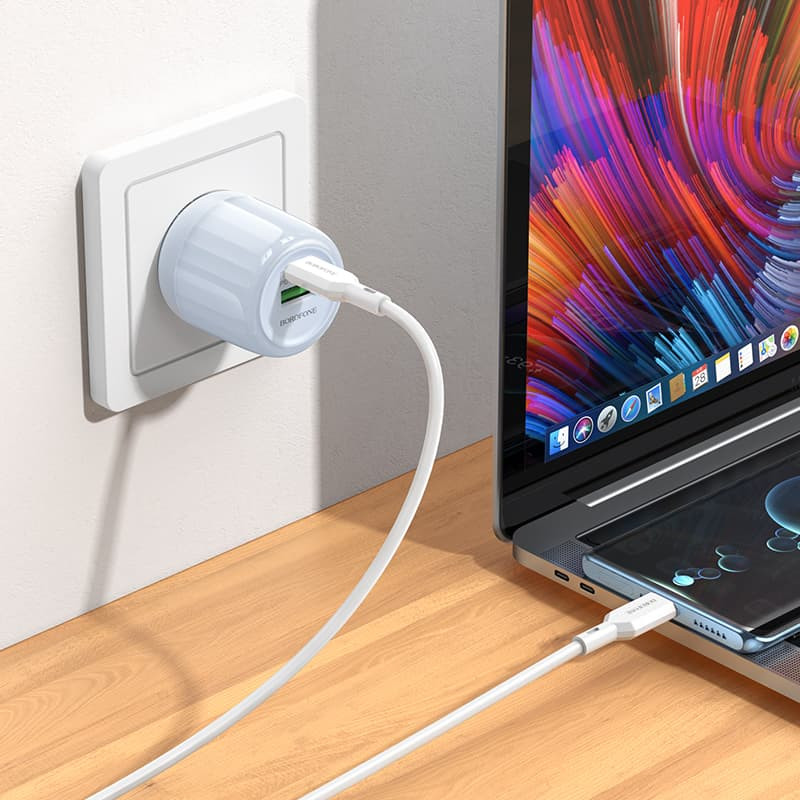 Мережевий зарядний пристрій Borofone BA93A Lustrous PD 20W + QC 3.0 (1×USB-A / 1×USB-C) Blue