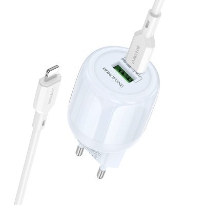 МЗП Borofone BA93A Lustrous PD20W+QC3.0 (1USB-A/1C) + кабель Type-C to Lightning Blue