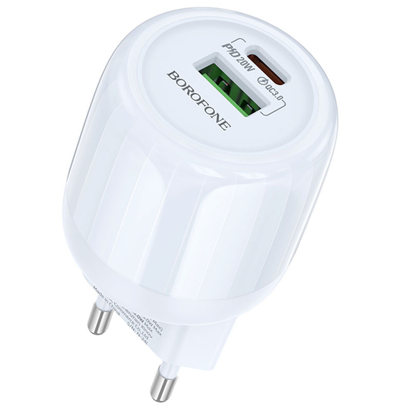 Мережевий зарядний пристрій Borofone BA93A Lustrous PD 20W + QC 3.0 (1×USB-A / 1×USB-C) Blue