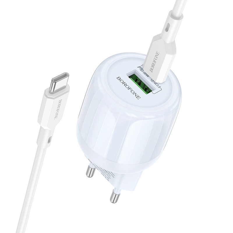 Мережевий зарядний пристрій Borofone BA94A Lustrous PD 30W + QC 3.0 (1×USB-A / 1×USB-C) + кабель USB-C → USB-C Blue