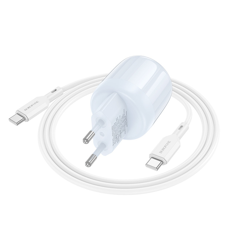 Мережевий зарядний пристрій Borofone BA94A Lustrous PD 30W + QC 3.0 (1×USB-A / 1×USB-C) + кабель USB-C → USB-C Blue