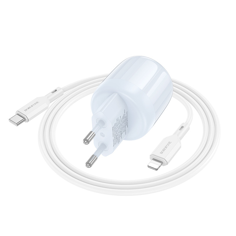 Мережевий зарядний пристрій Borofone BA94A Lustrous PD 30W + QC 3.0 (1×USB-A / 1×USB-C) + кабель USB-C → Lightning Blue