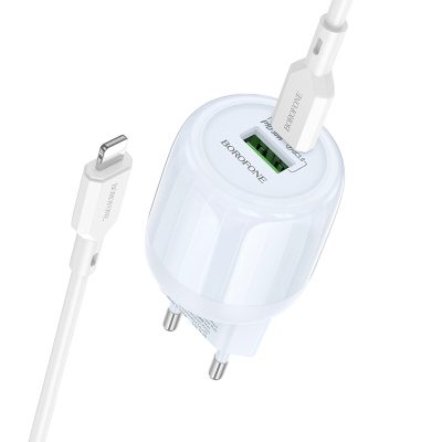 МЗП Borofone BA94A Lustrous PD30W+QC3.0 (1USB-A/1C) + кабель Type-C to Lightning Blue