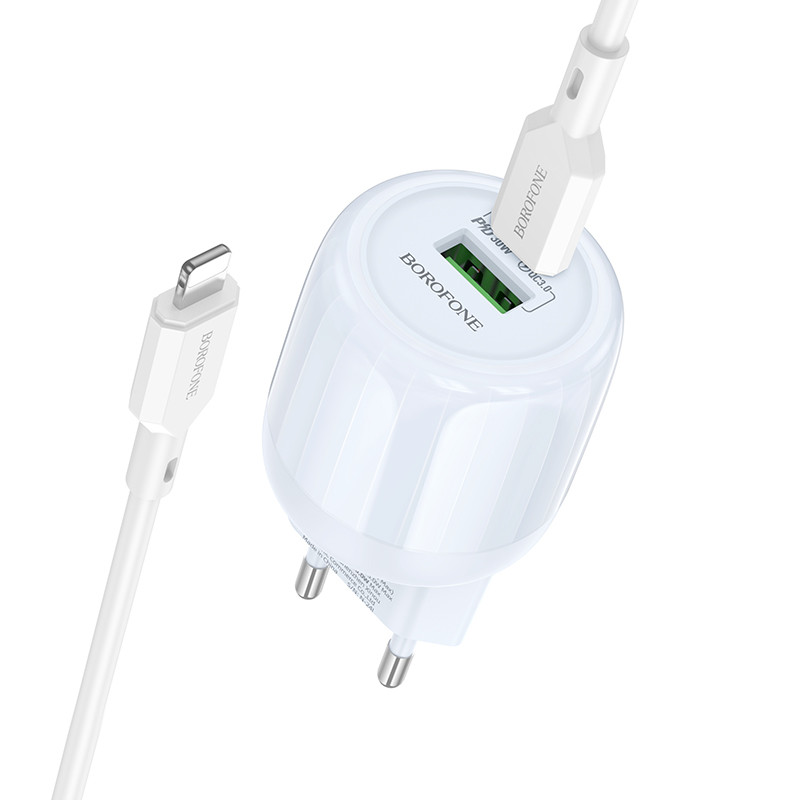 Мережевий зарядний пристрій Borofone BA94A Lustrous PD 30W + QC 3.0 (1×USB-A / 1×USB-C) + кабель USB-C → Lightning Blue