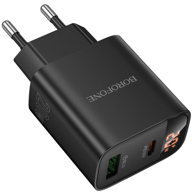 Мережевий зарядний пристрій Borofone BA96A Ilustre with digital display PD 20W + QC 3.0 (1×USB-A / 1×USB-C) Black