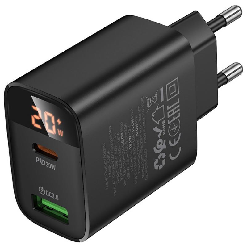 Мережевий зарядний пристрій Borofone BA96A Ilustre with digital display PD 20W + QC 3.0 (1×USB-A / 1×USB-C) Black