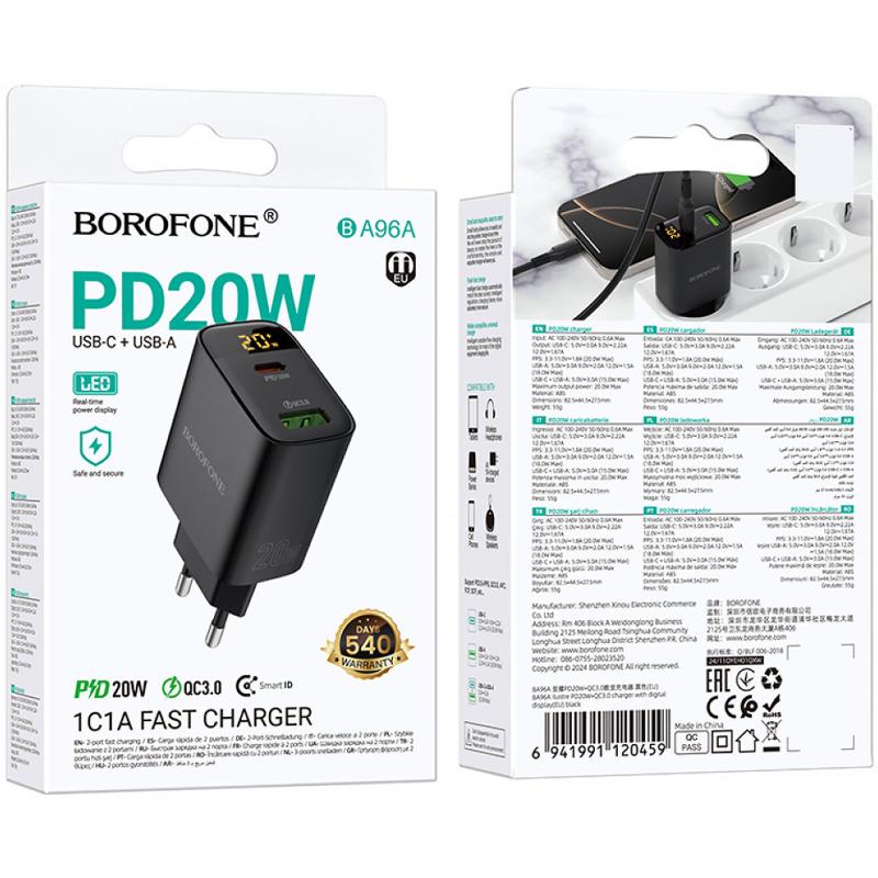 Мережевий зарядний пристрій Borofone BA96A Ilustre with digital display PD 20W + QC 3.0 (1×USB-A / 1×USB-C) Black