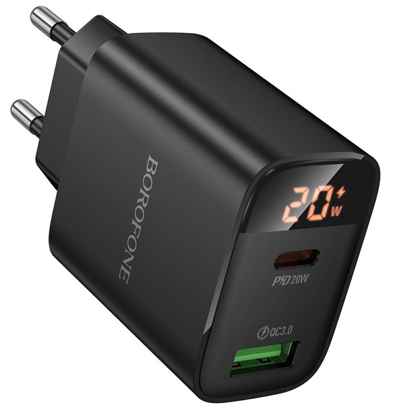 Мережевий зарядний пристрій Borofone BA96A Ilustre with digital display PD 20W + QC 3.0 (1×USB-A / 1×USB-C) Black