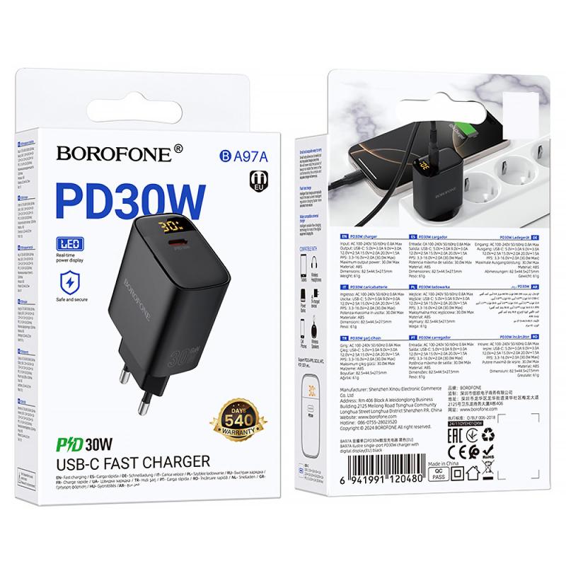 Мережевий зарядний пристрій Borofone BA97A PD 30W (1×USB-C) Black