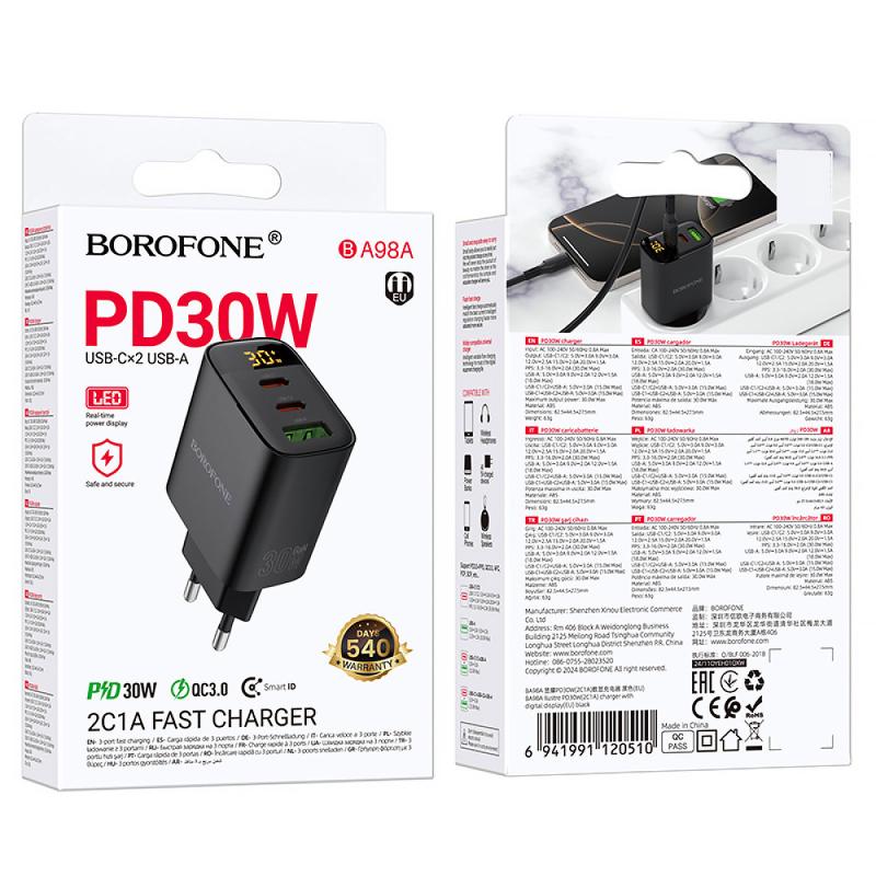 Мережевий зарядний пристрій Borofone BA98A Ilustre with digital display PD 30W (1×USB-A / 2×USB-C) Black