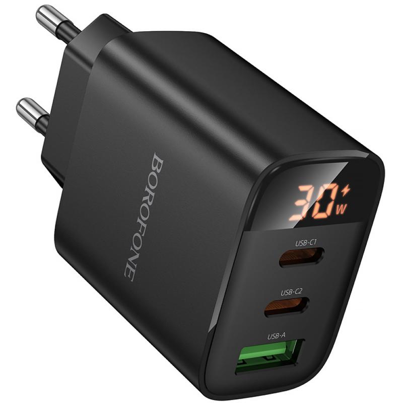 Мережевий зарядний пристрій Borofone BA98A Ilustre with digital display PD 30W (1×USB-A / 2×USB-C) Black