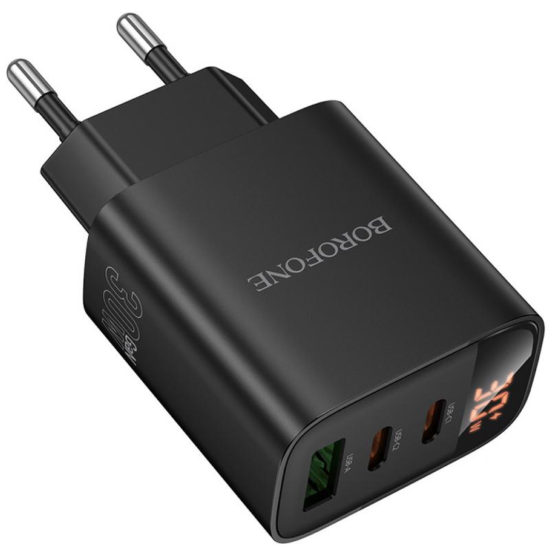 Мережевий зарядний пристрій Borofone BA98A Ilustre with digital display PD 30W (1×USB-A / 2×USB-C) Black