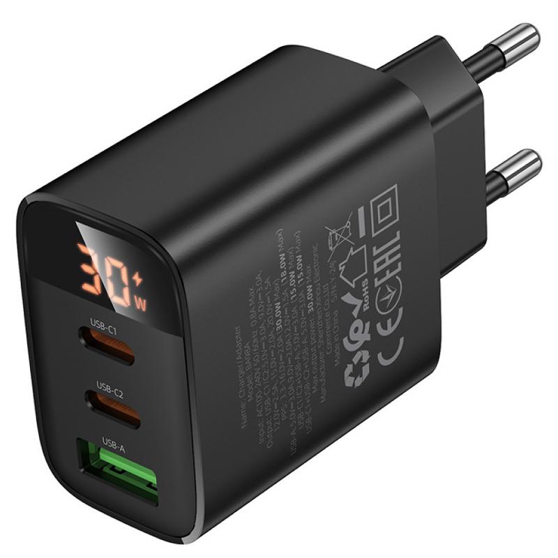 Мережевий зарядний пристрій Borofone BA98A Ilustre with digital display PD 30W (1×USB-A / 2×USB-C) Black