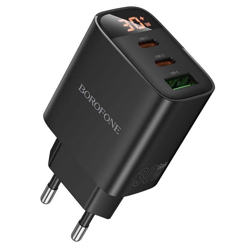 Мережевий зарядний пристрій Borofone BA98A Ilustre with digital display PD 30W (1×USB-A / 2×USB-C) Black