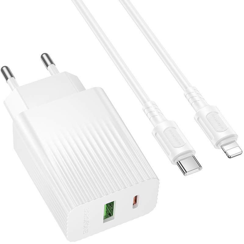 Мережевий зарядний пристрій Borofone BAS76A Source PD 30W + QC 3.0 (1×USB-A / 1×USB-C) + кабель USB-C → Lightning