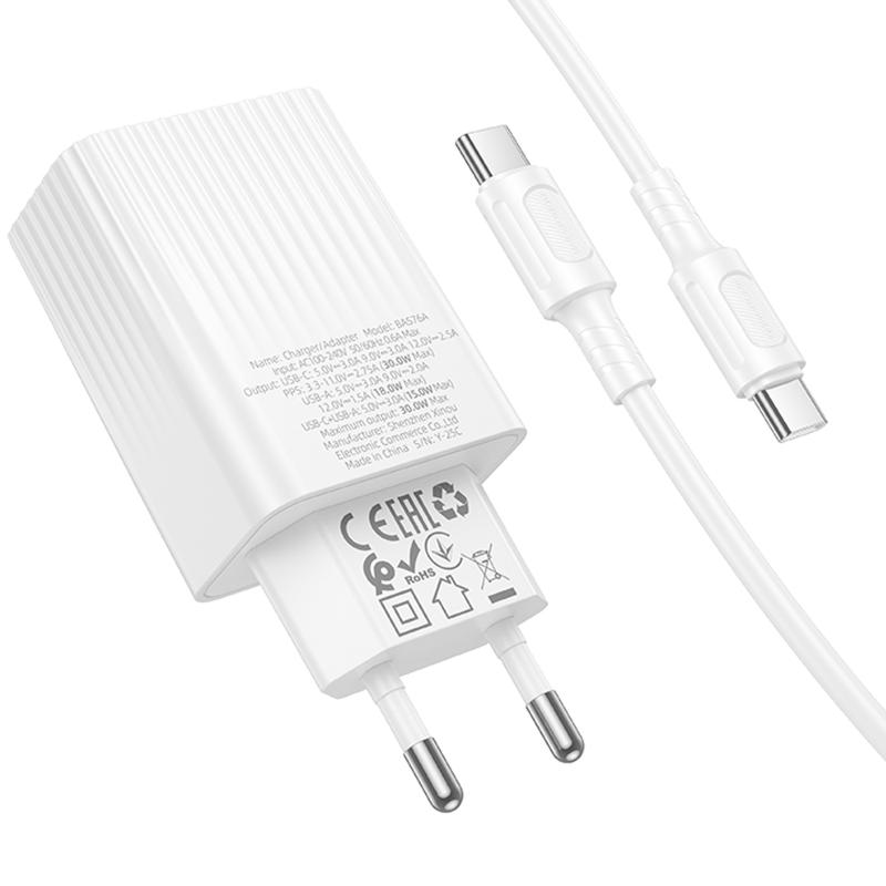 Мережевий зарядний пристрій Borofone BAS76A Source PD 30W + QC 3.0 (1×USB-A / 1×USB-C) + кабель USB-C → USB-C