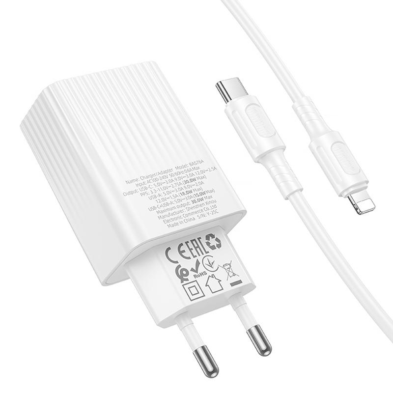 Мережевий зарядний пристрій Borofone BAS76A Source PD 30W + QC 3.0 (1×USB-A / 1×USB-C) + кабель USB-C → Lightning