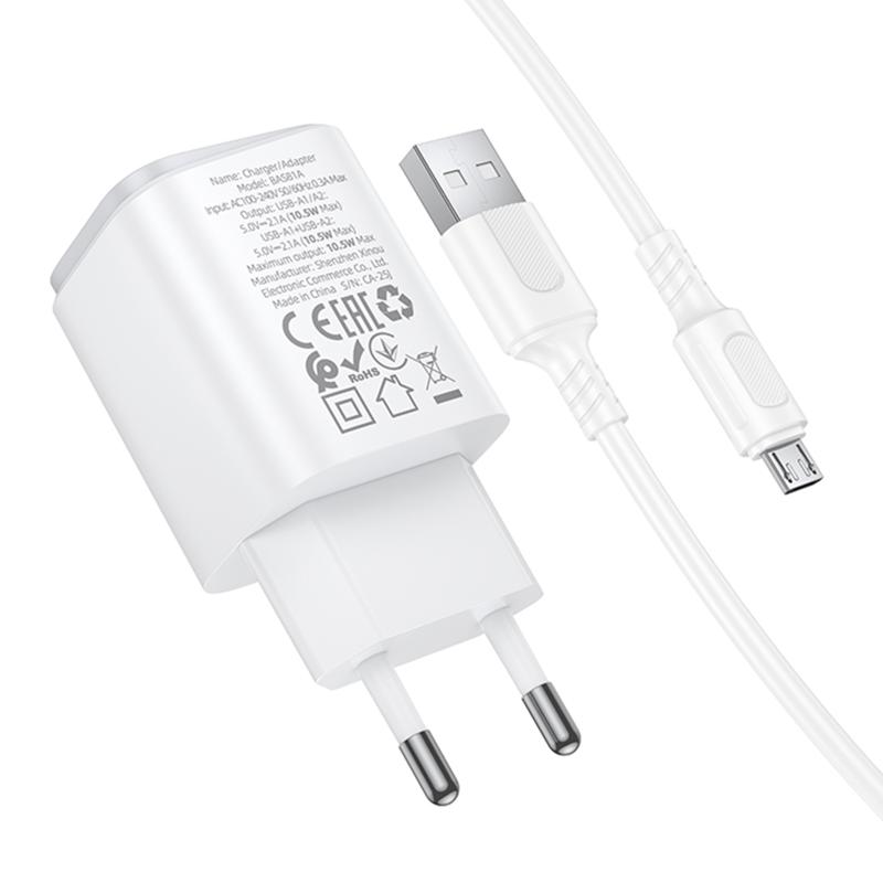 Мережевий зарядний пристрій Borofone BAS81A Star 10.5W (2×USB-A) + кабель USB to Micro-USB White